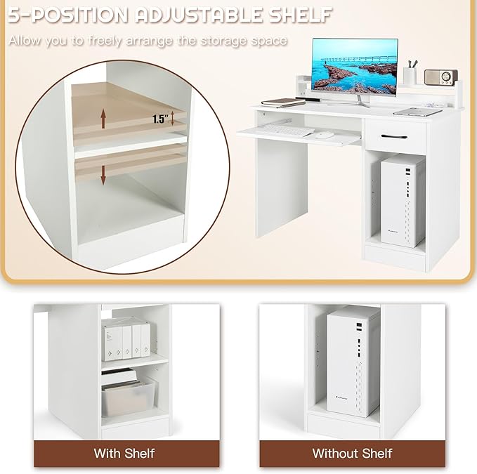 Computer Desk with Hutch &amp Keyboard Tray Home Office Workstation with Drawer Adjustable Shelves Modern Vanity Table for Bedroom Wooden Writing Study Laptop PC Desk (White)