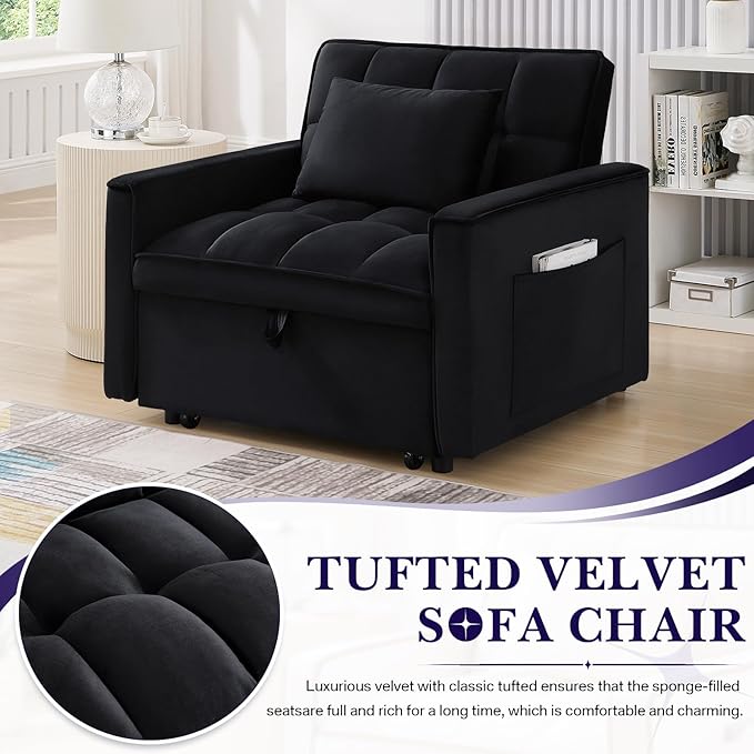 Antetek Sleeper Sofa Chair Bed Convertible Velvet Single Pull Out Sofa Chair Modern Tufted Living Room Reading Chair with Adjustable Backrest/Pillow for Small Space Apartment Office Black