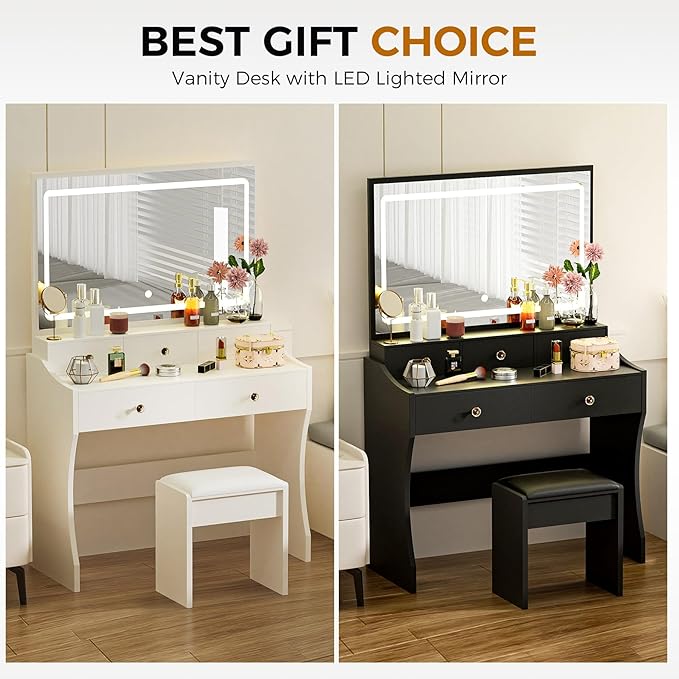 COMHOMA Makeup Vanity Desk with Mirror and Lights Vanity Table and Chair Set with 4 Drawers &amp Charging Station Bedroom Dressing Table Stepless Dimmable &amp 3 Color Modes Adjustable White
