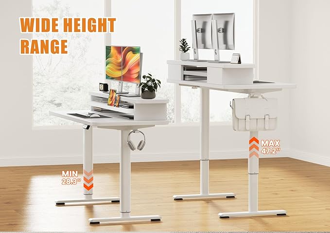 Flycity Electric Standing Desk with Dual Monitor Stand Height Adjustable Desk Sit Stand Desk with Memory Controller Casters &amp 2 Hooks Low Noise Home Office Desk (White 55 x 24)