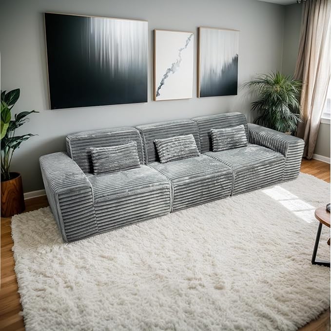 MEISIMAN 118” Modular Sectional Sofa Cloud Couch - Compressed Sofa Soft Corduroy Fabric &amp Memory Foam Couch for Living Room No Assembly Required (Dark Gray)