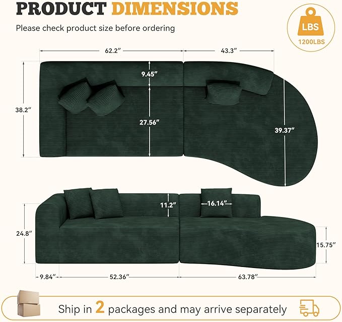 126 Curved Modular Sectional Sofa Modern Cloud Couch with Deep Seat Upholstered Oversized Boneless Couches for Living Room No Assembly Required Green Corduroy Fabric 1 PCS
