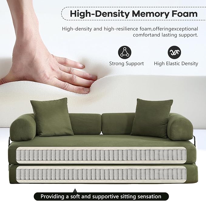 79 Convertible Folding Sofa Bed 4-in-1 DIY Combination Sleeper Sofa Bed Upholstered King Size Sleeper Couch Corduroy Floor SofaBed Boneless Couch for Living Room Bedroom Lounge (Green)