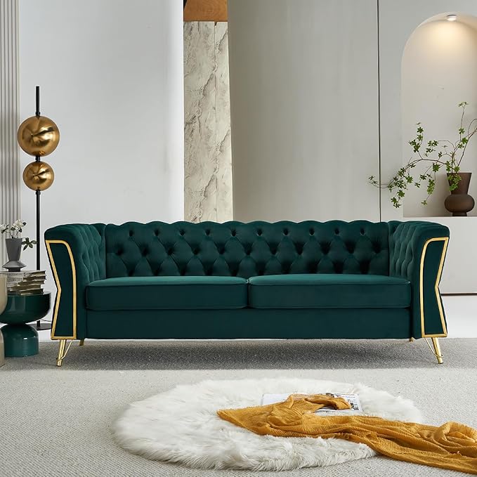 Modern Velvet Sofa Couch for Living Room 87.4 Inch Long Tufted Unique Upholstered Couch Oversized Sofa Decor Furniture with Golden Metal Legs (Green)