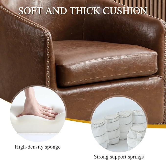 360 Degree Swivel Accent Chair Set of Two with Plump Back Pillow Waterproof Oil Waxed PU Leather Swivel Armchair with Rivets Comfy Vintage Round Barrel Chair for Living Room