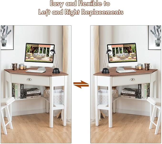 Corner Desk Compact Home Office Corner Desk Organizer90 Degrees Triangle Computer Table Laptop Writing Table for Small Spaces with Storage Shelf and Drawer (White)