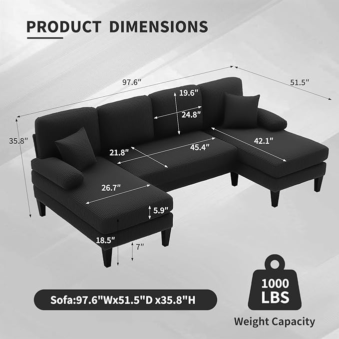 98 U Shaped Couch with 18 Seat Height Sectional Couches for Living Room 4 Seater Couch Set with Double Chaise for Apartment Living Room Sofas Corduroy Black