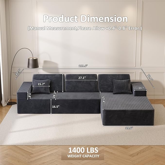 109 L Shaped Cloud Modular Sectional Couch w/Lounge Chaise Plush Corduroy Boneless Couch in a Box Comfy Modern Modular Sectional Sofa for Living Room Bedroom Apartment Corner (Grey Right Facing)