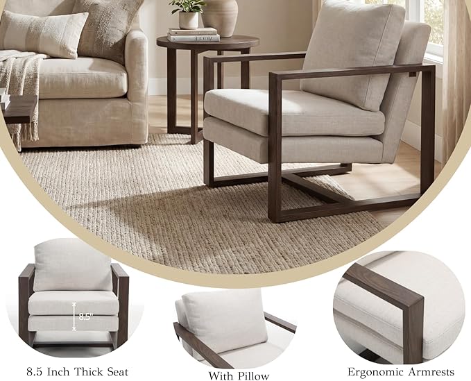 CIMOTA Modern Mid Century Accent Chairs Set of 2 Comfy Armchairs with 8.5 Thick Cushion &amp Armrests Upholstered Reading Lounge Chairs with Walnut Frame for Living Room Bedroom Office Beige