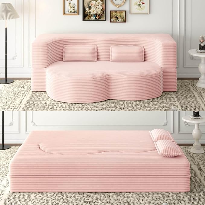 Modern 2-in-1 Convertible Sofa Bed 78 Full Size Corduroy Floor Sofa with 2 Pillows Folding Mattress Sleeper for Living Room &amp Guest Room No Assembly Required