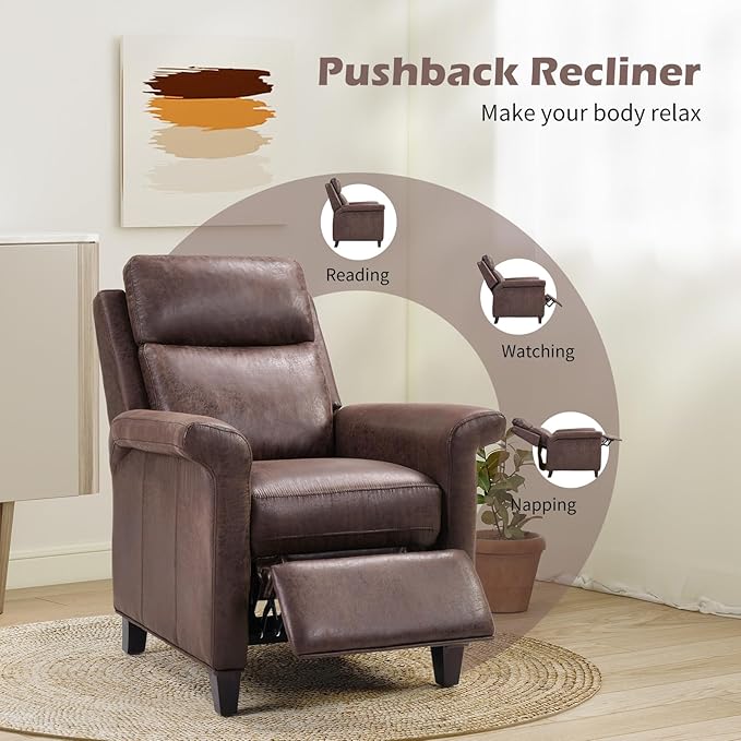 Push Back Recliner Chair Faux Leather Lounge Armchair with Footrest Decoration Single Sofa Accent Chair for Living Room Bedroom Small Spaces (1 Dark Brown)