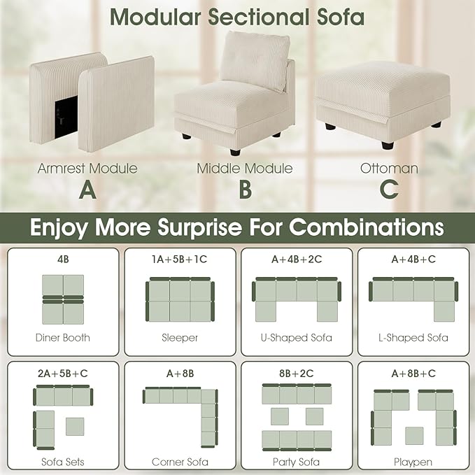 LLappuil Plush Corduroy Separate Module to Extend Sectional Sofa | A Pair of Armrests Wooden Frame End Piece Free Combination Beige