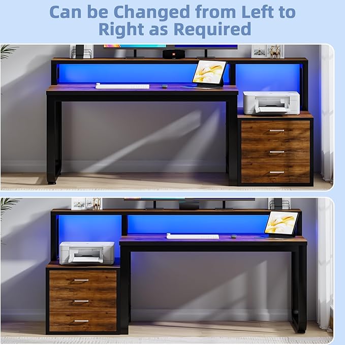 67'' Computer Desk with Drawers Black Desk with Storage and Monitor Stand Home Office Desk with LED Lights Black and Walnut