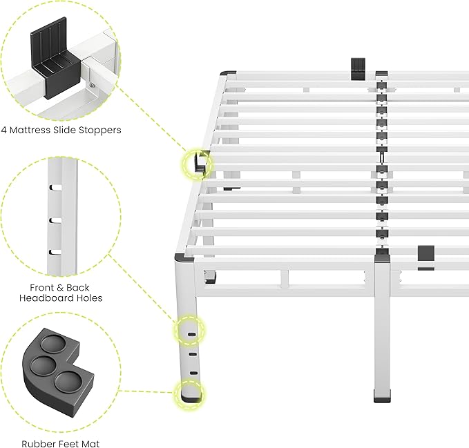 NKZ 20 Inch Full Size Bed Frame Metal Bed Frame &amp Box Spring 2 in 1 Platform with Round Corner Legs 4000lbs Weight Capacity Reinforced Metal Frame Headboard Hole Noise-Free Easy Assembly.