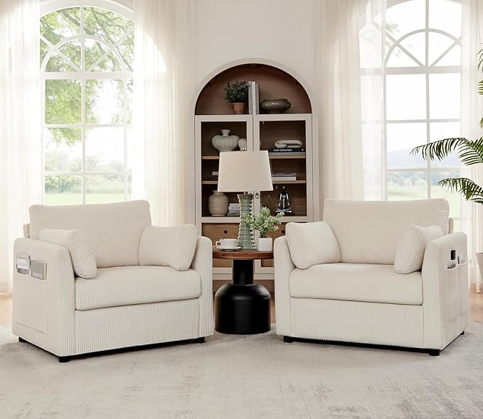 38 Modern Accent Chair Comfy Reading Chair Accent Chairs for Living Room Oversized Armchair for BedroomApartment (Beige 2 Chairs)