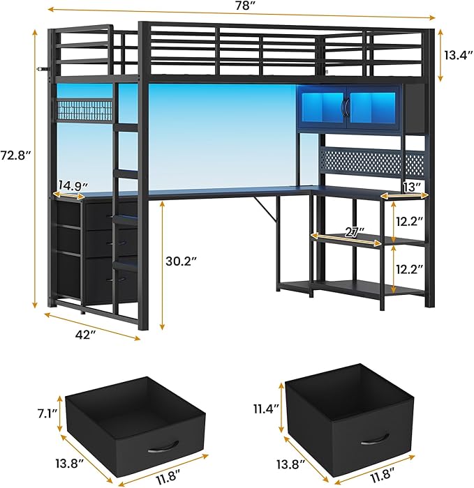 ADORNEVE Twin Size Loft Bed with L-Shaped Gaming Desk Storage Drawers &amp Hutch Expanded Safety Power Outlet Metal Loft Bed Frame with RGB Lights Space Saving for Teens Black