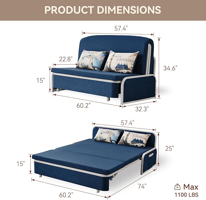 60 Full Size Loveseat Couch Bed 3 in 1 Convertible Pull Out Sleeper Sofa Bed with Storage Trundle and 2 Pillows for Living Room Bedroom Dorm Office RV (Midnight Navy-909)