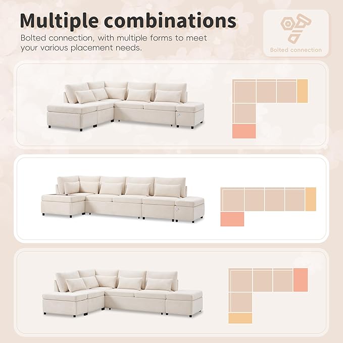 Modular Sectional Sleeper Sofa Bed 107'' Pull Out Bed Sectional Sofa with Free Movement Storage Ottoman L-Shape with Wide Seats Oversized Chenille Sofa for Living Room (Light Khaki+Beige/512)