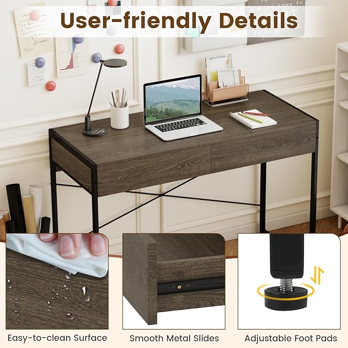 GOFLAME Modern 2-Drawer Computer Desk Home Office Desk w/Reinforced Heavy-Duty Metal Frame Versatile Study Writing Desk w/Anti-Tip Kit Ideal for Study Office Small Spaces (Wash Grey)