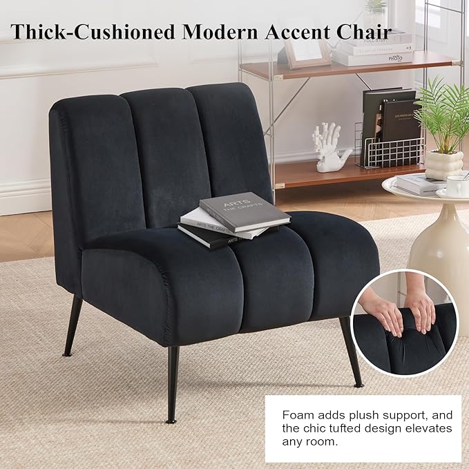 Modern Accent Chair Velvet Upholstered Fuzzy Club Chairs with Tufted Design Comfy Living Room Chair with Metal Legs Padded Reading Chair for Reading Room (Black-Velvet)