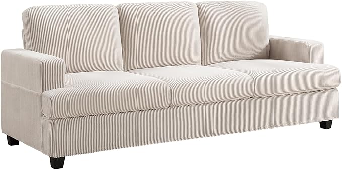 85 Inch Sofa with Side Pocket Corduroy Fabric 3 Seater Couch for Living Room Comfy Modern Small Couch for Bedroom Small Spaces Dorms Office Beige