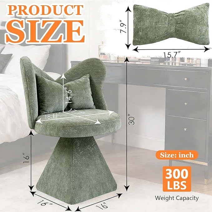 360° Swivel Vanity Chair with Back and PillowChenille Comfy Makeup Chairs for VanityGreen Modern Desk Chair No Wheels for BedroomLiving Room (Green)
