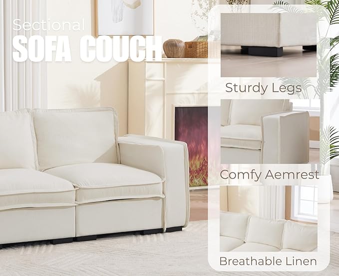 EALSON 119 Modular Sectional Sofa Modern Comfy 4-Seater Couch Sofa Linen Fabric Upholstered Cloud Couches with 24 Deep Seat and Wooden Legs for Bedroom/Living Room/Office White