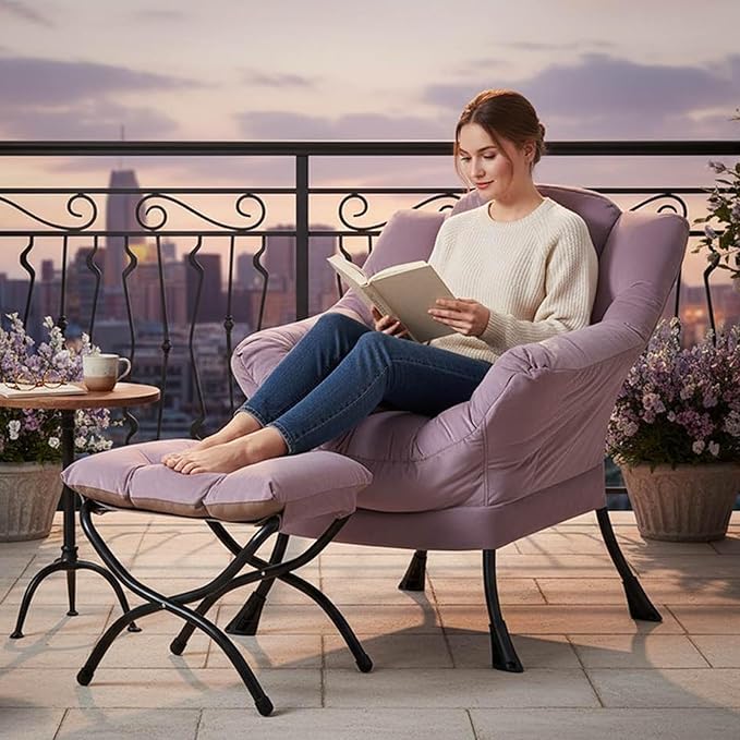 Tiita Lazy Chair with Ottoman Purple Modern Large Accent Armchair Comfy Leisure Sofa Reading Chair with Footrest for Bedroom Living Room Dorm Rooms Garden Velvet Light Purple