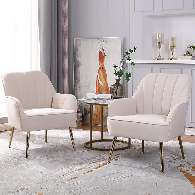 Velvet Accent Chair Set of 2Modern Comfy Upholstered Armchair Cozy Single Sofa Chairs with Gold Metal Legs for Living RoomReadingBedroomOffice(Beige)