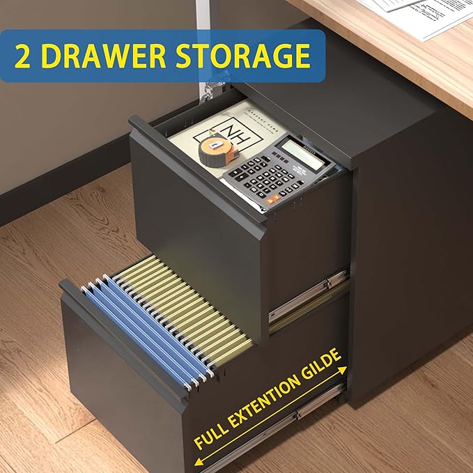 2-Drawer Mobile File Cabinet - Metal with Lock Brakes Compact 5 Casters Fully Assembled Except Wheels Rolling for Legal Letter A4 Size Hanging Folders Home Commercial Office (Black)