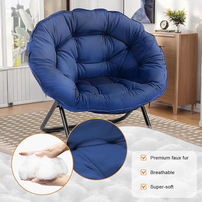 Folding Saucer Chairs for Living Room Circle Chairs with Faux Fur Moon Saucer Chairs for Adults Dorm Reading (Blue)