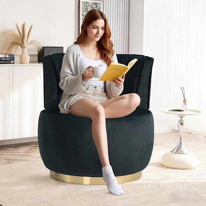 360 Degree Swivel Accent Chair Comfy Round Swivel Barrel Chair with Mental Base Upholstered Cozy Reading Armchairs Modern Lounge Sofa Chairs for Living Room Bedroom Club Office(Velvet Black)