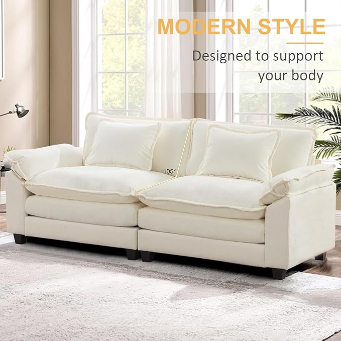 Modular Sectional Sofa 86 L Shaped Couch Set with Movable Ottoman Chenille Comfy Cloud Couch Sectional Set Extra Deep Seat Sofa with 2 Pillows for Living Room (White 2-Seat &amp 1-Ottoman)