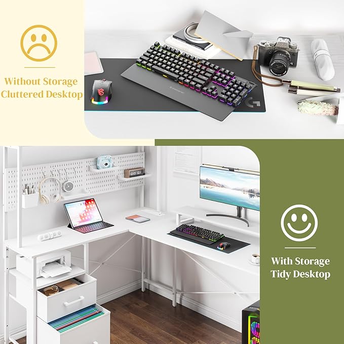 Yoobure L Shaped Gaming Desk with Pegboard Reversible Computer Desk with Drawers &amp Storage Shelves LED Lights &amp Power Outlets Office Desk with Monitor Stand Corner Desk Home Office Desks
