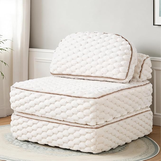 COLAMY Folding Sofa Bed 3-in-1 Convertible Sleeper Chairs with PillowBack Support Fuzzy Fabric Floor Couch Bed for Adults Boneless Couches Living Room Bedroom ApartmentBeige