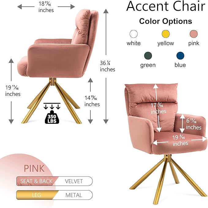 NORDICANA 180° Swivel Velvet Living Room Chair Modern Dining Armchair with Golden Legs Ergonomic Upholstered Accent Chair Single Sofa for Bedroom Reading Home Office Rose Pink