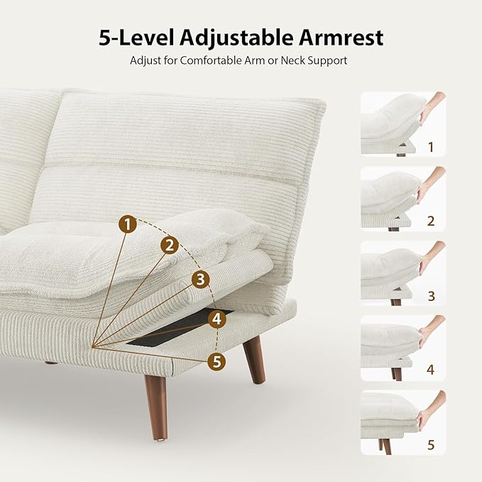 Pipishell Futon Sofa Bed Convertible Futon Adjustable Backrest &amp Armrests Corduroy Sleeper Couch for Small Spaces Living Room Office Guest Room (Pearl White 66 Inch)