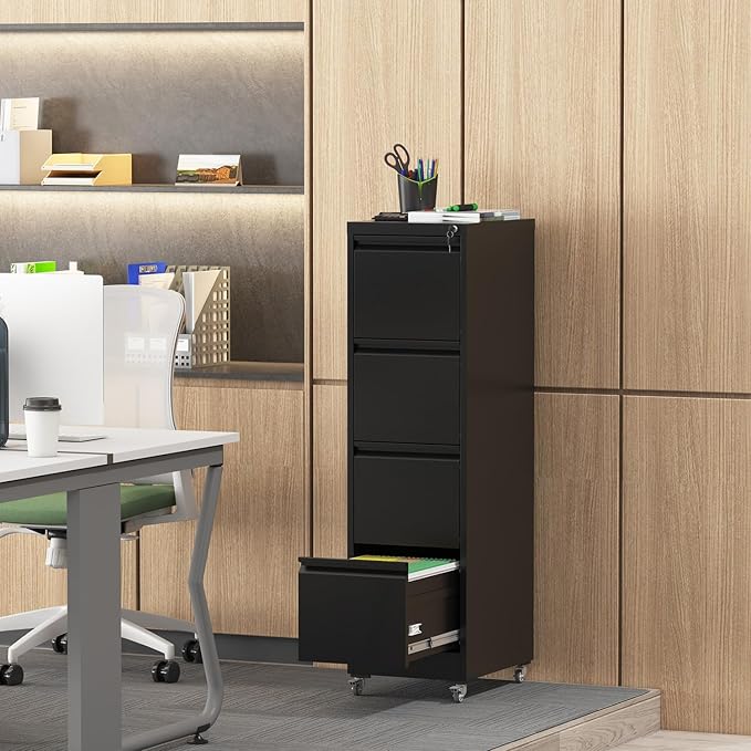 4 Drawer File Cabinet with Lock Metal Mobile Filing Cabinets Office Home Metal Vertical Storage Cabinet for A4 Legal/Letter Size LockedAssembly Required (Black 4 Drawer)