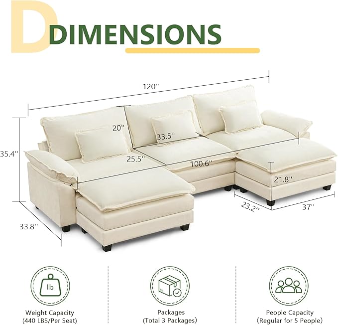 120 U Shaped Couch Modular Sectional Sofa Cloud Couch with Movable Ottoman Modern Chenille Deep Seat Sleeper Sofa with Throw Pillows for Living Room and Apartment (Beige 5-Seat)