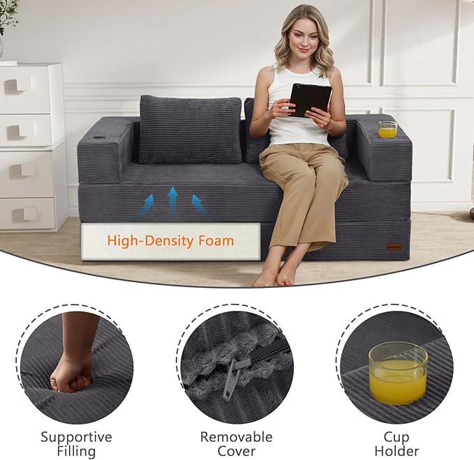MeMoreCool Futon Couch Convertible Sofa Bed Queen Folding Floor Couch Bed with Pillow Corduroy Grey Foldable Sofa Sleeper Fold Out Boneless Loveseat Lounge for Living Room Small Spaces