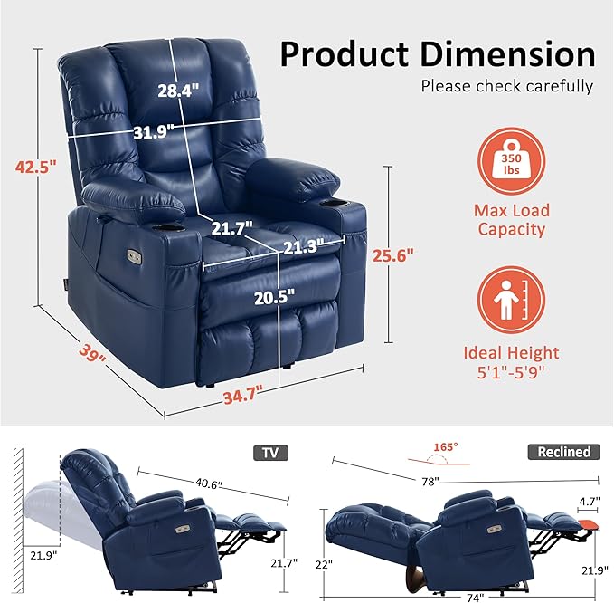 MCombo Triple Motor Power Lift Recliner Chair with Massage and Dual Heating Adjustable Headrest for Elderly People Faux Leather 7632 (Blue Medium)