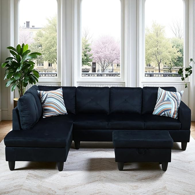 Sectional Couches for Living Room Furniture Sets 4 Seat L Shaped Couches with Ottoman Modular Sectional Sofa for Apartment Furniture Sets Dark Blue