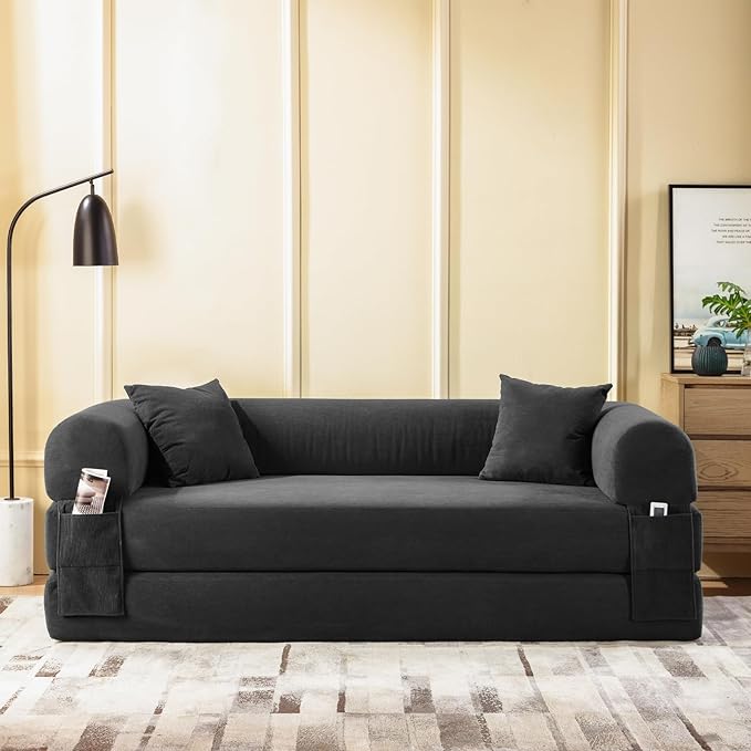 4-in-1 Folding Convertible Sofa Bed 80 Inch Oversized Corduroy Boneless Couch Loveseat Sleeper with Pull Out Bed Floor Sofa Modular Futon Teddy Sofa for Living Room Bedroom Lounge Deep Gray