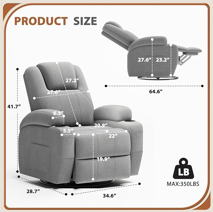 Flamaker Swivel Rocker Recliner Chair with Vibration Massage 360° Swivel Recliner Chairs for Adults Ergonomic Lounge Chair with Cup Holders Lazy Boy Recliner Single Sofa Seat (Fabric Gray)