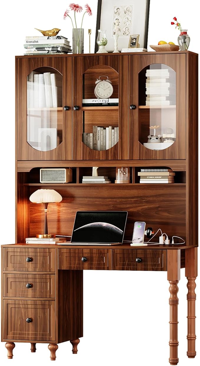 Anwick 47-inch Retro Executive Desk with Charging Ports Hutch Cabinet 5 Storage Drawers &amp Transparent Glass-Door Bookshelf for Home Office Bedroom - Walnut Finish