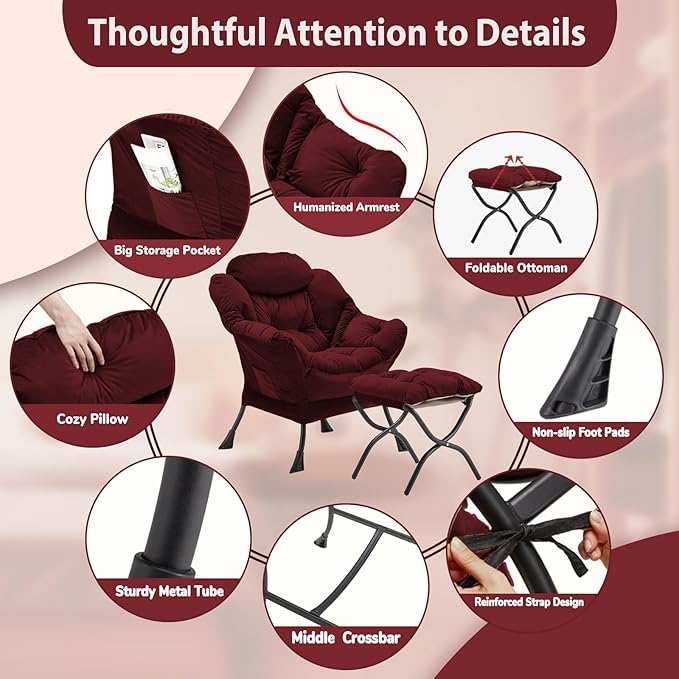 Lazy Chair with Folding Ottoman Accent Chair Velvet Upholstered with Metal Structure and Non-Slip Pads Sofa Armchair with Footrest and Side Storage Bag for Dorm Room Office Burgundy