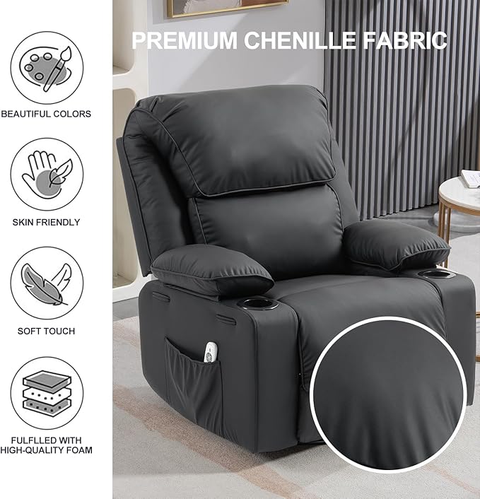 Leather Recliner Chair Rocker Massage Recliner Chair with Massage and Heat Swivel Manual Recliners Chairs with Cup Holders for Living Room(Leather Black)