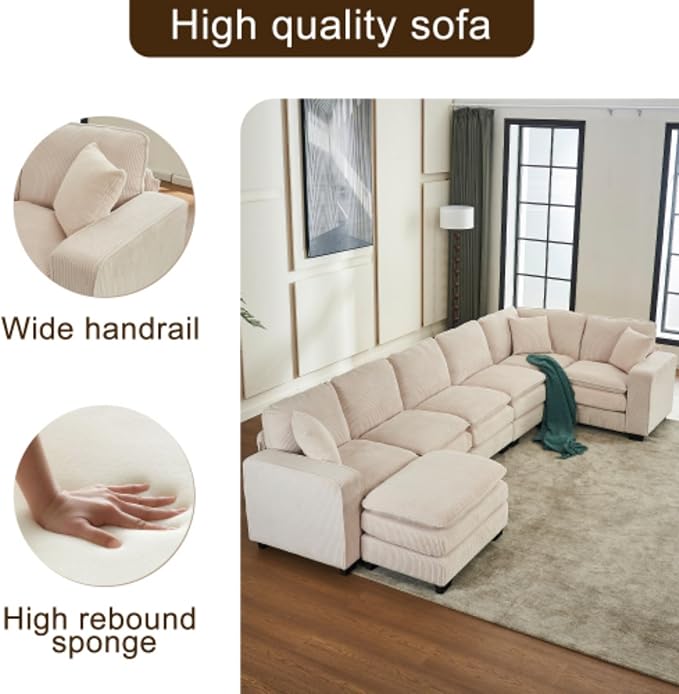 Modern U Shaped 6-seat Sectional Sofa Couch with one Ottoman and Three toss PillowsModular Sofa for Living RoomCorduroy Sofa (WhiteCorduroy-7 Seat)