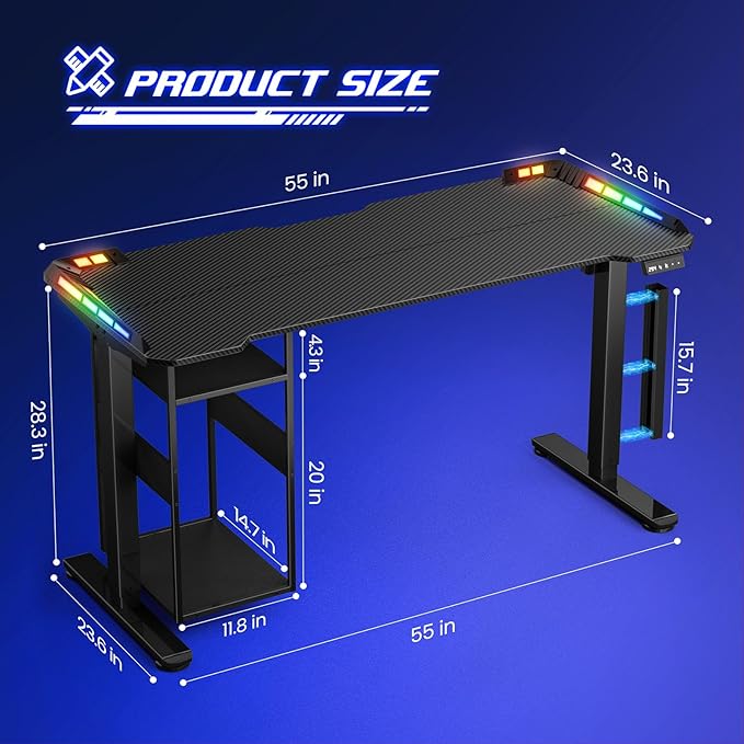Gaming Standing Desk with LED Lights &amp Host Shelf 55 x 24 Gaming Table with Music Sensing APP Control Underdesk Cable Storage Electric Standing Desk Black Carbon Fiber PC Table for Home Offic