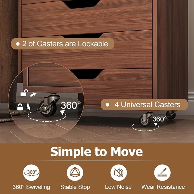 7 Drawers Filing Cabinet Vertical File Cabinet for Home Office Mobile Under Desk Office Storage Cabinets with Wheels (Walnut)